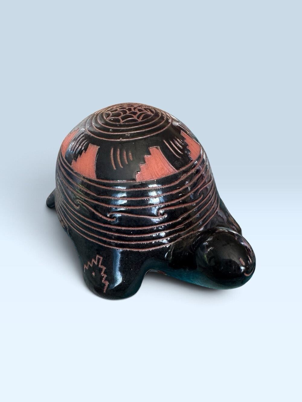 Signed C. Sam Native American Navajo Horse Hair Pottery Etched Turtle 5.5”